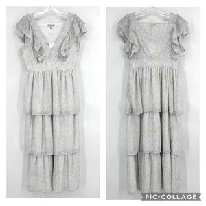 Polagram NWT Mae Belle Tiered Maxi Dress Powder Blue Gray Size M